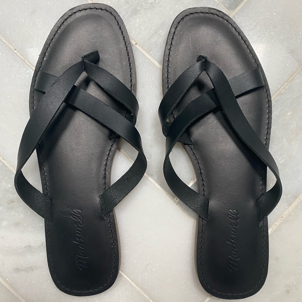 Madewell Women Boardwalk Thong Sandals Black Strappy Slip On Leather 7 New